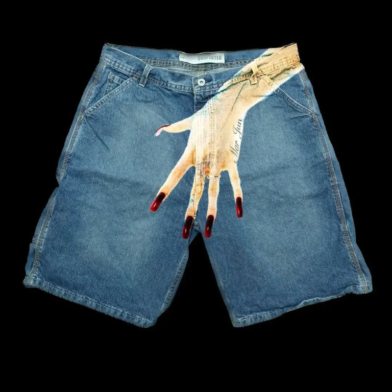 Unisex Palm Finger personalizado impressão Jeans, American Street, Hip Hop, Harajuku, Plus Size, Retro, solta Denim, Shorts