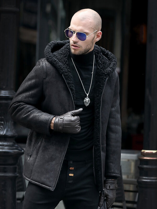 Jaqueta de couro genuíno masculina, casaco com capuz de lã, sobretudo shearling, pele alta, tamanho grande, 6XL, 7XL, inverno