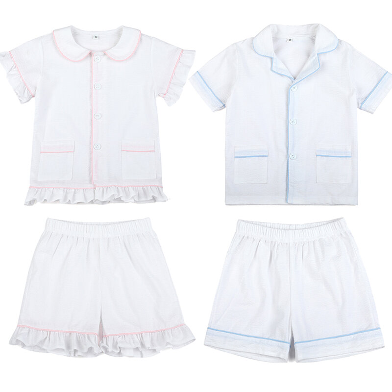 Wholesale 100% Cotton White Baby Clothes Toddler Boys Girls Pajamas Sets Sleepwear 2024 Summer Sibling Outfits Kids Pyjamas