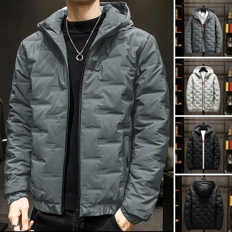 Jaqueta monocromática com capuz masculino, casaco grosso quente, fechamento de zíper, confortável, casual, inverno
