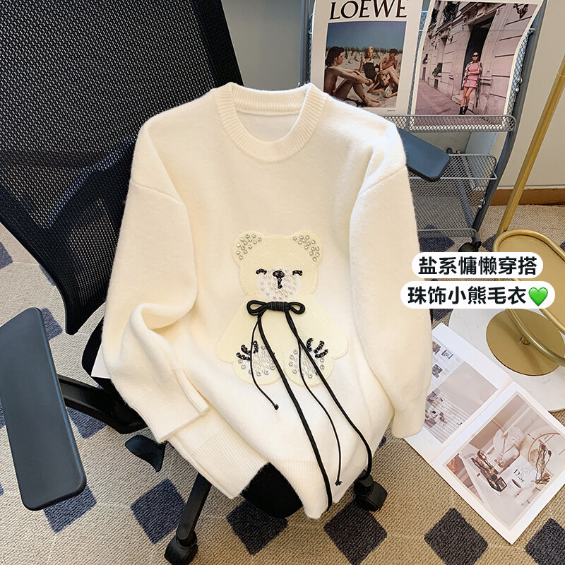 New Round Neck Pullover Little Bear Loose and Slim Lazy Style Knitted Sweater for Women Wool Office Lady Thickened Autumn X181