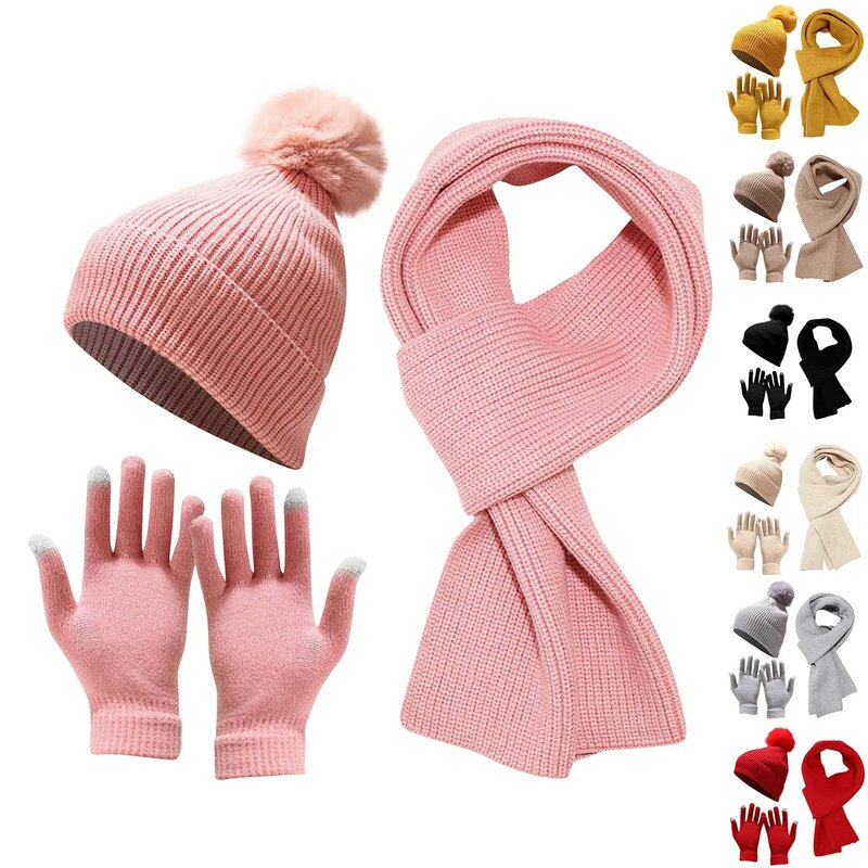 Conjunto de tres piezas de guantes de punto a prueba de frío, bufanda larga, gorro de terciopelo, cálido, otoño e invierno, moda