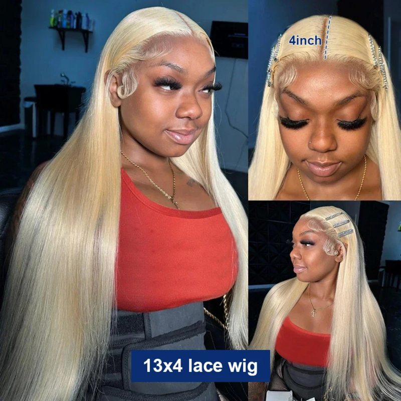 Peluca de cabello humano liso para mujer, postizo de encaje Frontal 13x6, color rubio 613, sin pegamento, 30, 34 pulgadas, 13x4