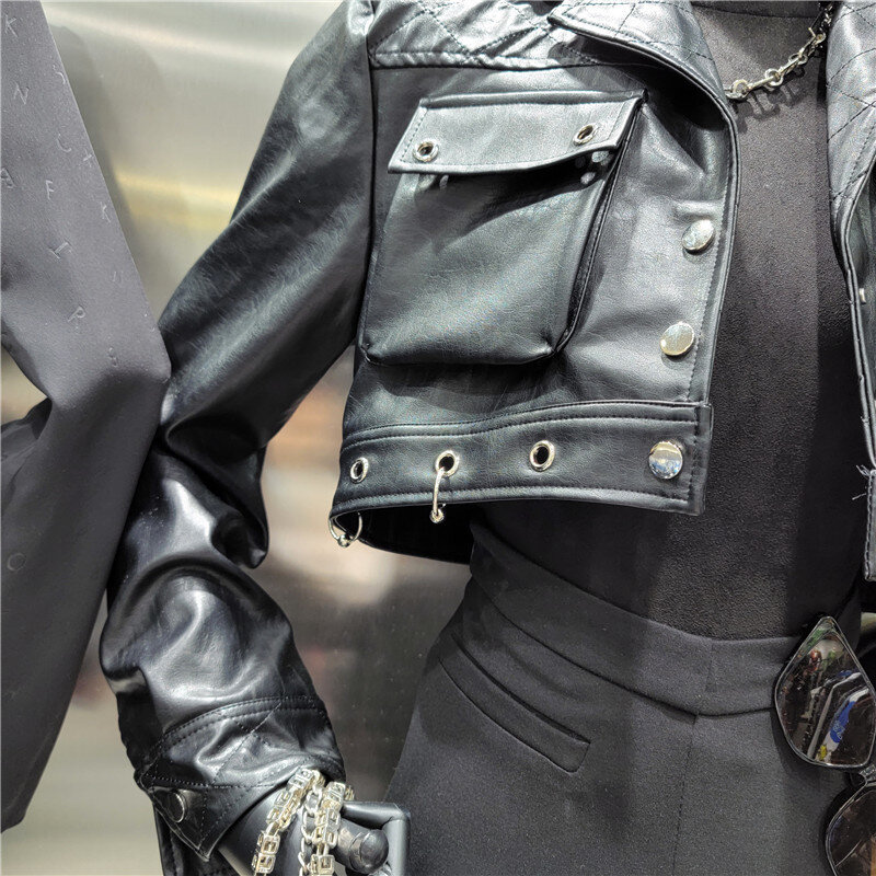 Весенне-осенняя Новинка 2022, дизайнерская женская куртка с декоративным карманом, однобортная мотоциклетная куртка из искусственной кожи