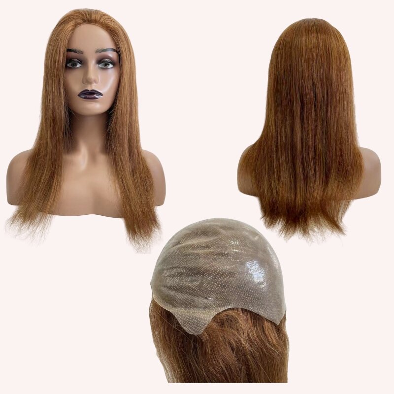 Монгольские натуральные человеческие волосы, коричневого цвета, 6 #, парик из искусственной кожи, тонкие силиконовые парики для женщин