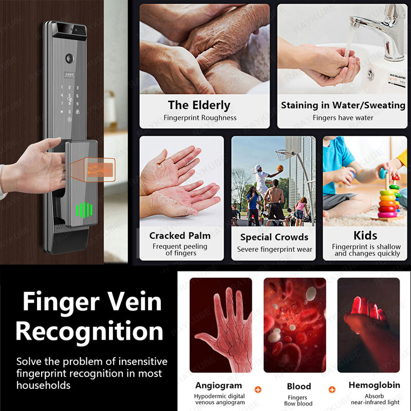 New Q12 Tuya WiFi Finger Vein Recognition&3D Face Smart Door Lock with Built-in Peephole HD Screen Camera 24H Photo Capture