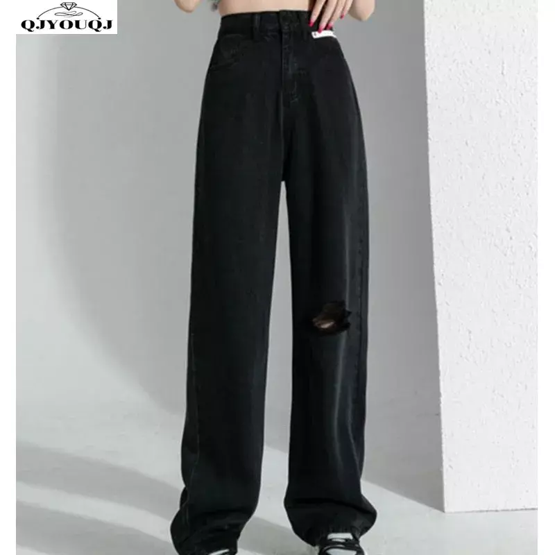 Cicishop-女性の黒のステンシル穴あきジーンズ、ロングパンツ、薄手、大きなアイスシルク、ワイドレッグフロアクール、夏