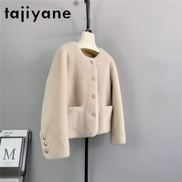 Tajiyane-معطف نسائي قصير من الصوف ، جاكيت قص الأغنام ، موضة كورية ، معاطف من الفرو برقبة مستديرة ، ملابس ، خريف ، شتاء ، نسائي