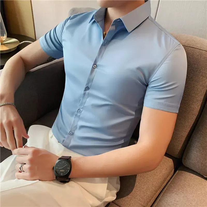 Plus Size 4XL-M Summer Short Sleeve Thin Shirt Men Clothing 2023 Simple Business Formal Wear Slim Fit Casual Dress Blouse Homme