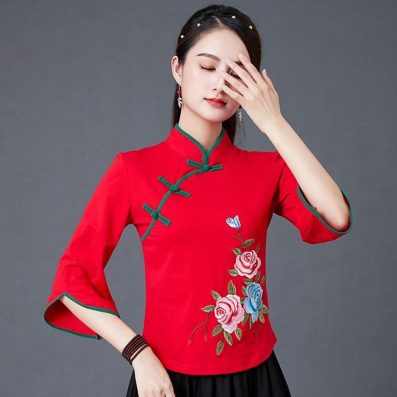 Cheongsam-Tops Hanfu con cuello levantado para mujer, camisa de mezcla de algodón bordada, empalme, estilo chino, disfraz Tang, 2023