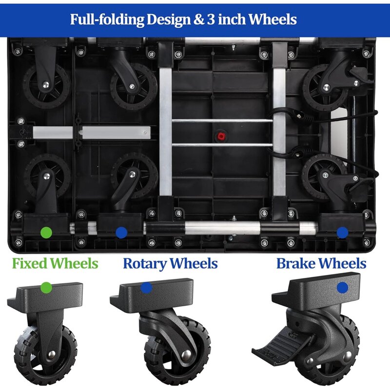 Carretilla de mano plegable de EE. UU., carrito de compras portátil de 650 libras con 6 ruedas giratorias plegables (2 ruedas de freno)