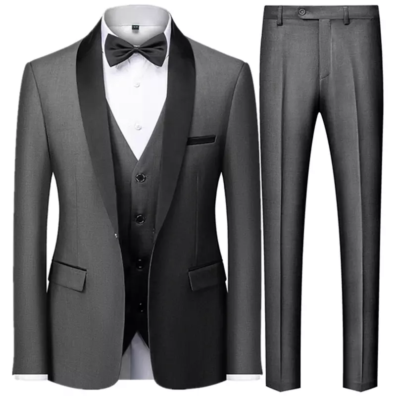 Conjunto de 3 piezas de chaqueta de negocios para hombre, abrigo ajustado, traje de cuello a juego de colores, esmoquin, ocio, pantalones, chaleco, boda