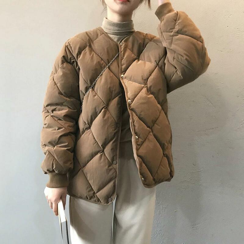 Retro romb damski bawełniany płaszcz 2023 zimowy modny, z kieszeniami krótki bawełniany płaszcz bez kołnierza w stylu Vintage z długim rękawem odzież wierzchnia