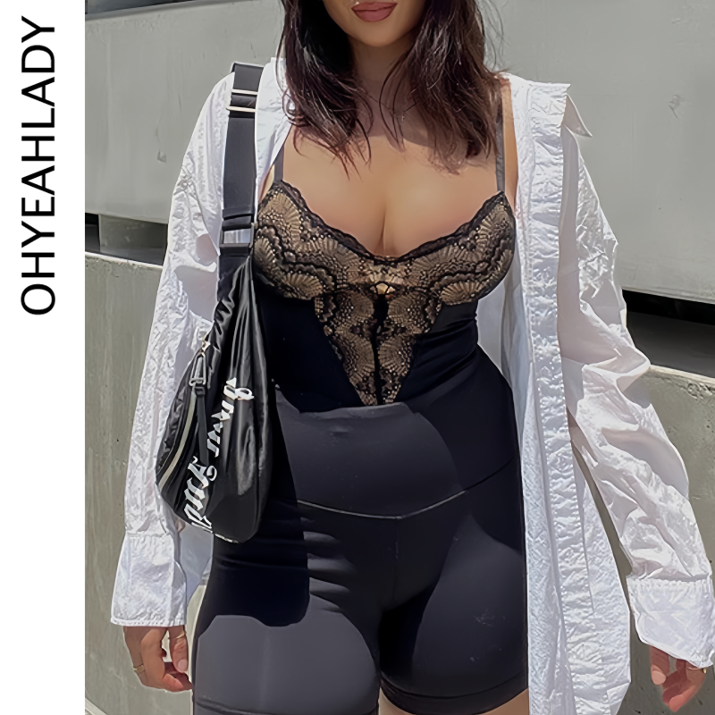 Ohyeahlady Soft Modal Rompers Tight Pajamas Black Lace Suspender Bodysuits Oversized Teddy Sexy Leotard Lingerie Floral Jumpsuit