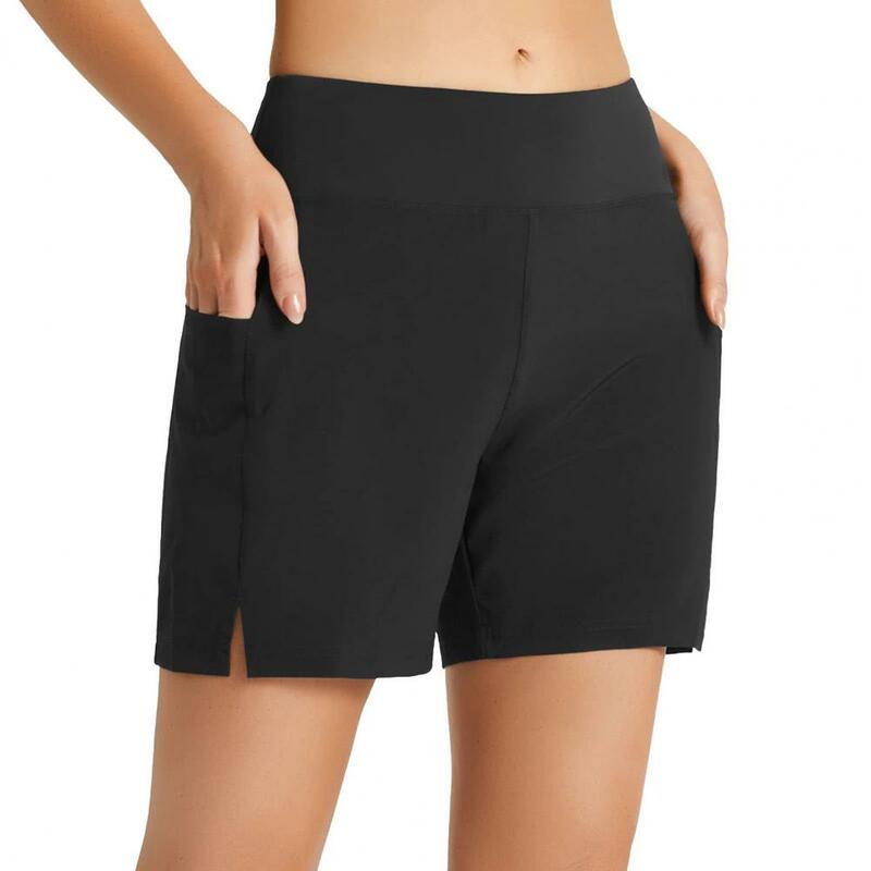 Shorts esportivos de secagem rápida com bolsos para mulheres, cintura média, elástico na cintura, perna larga, streetwear casual de corrida