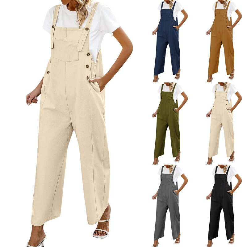 Vintage Cotton Linen Jumpsuit Women‘s Solid Sleeveless Button Pockets Wide Leg Suspender Pants Summer Oversized Loose Rompers