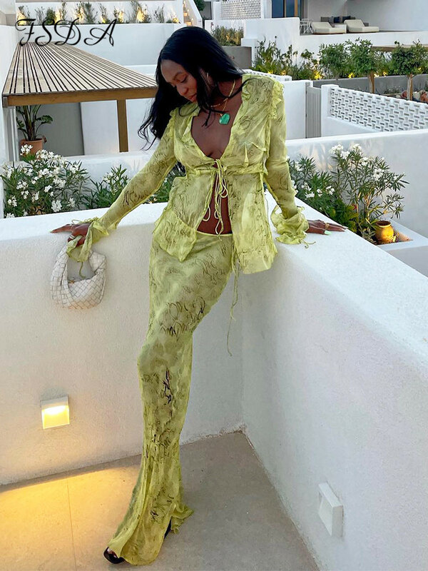 FSDA-Haut à manches longues en maille Y2K pour femmes, ensemble deux pièces, vert et jupe longue, sexy, tenue de plage, club