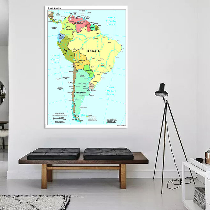 100*150cm de mapa de América del Sur en inglés pared grande cartel lienzo pintado con Spray sala de Decoración de casa de la escuela suministros