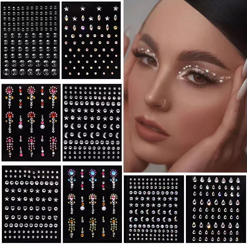 1 Pc Disposable Tattoo Stickers Face Jewelry Color Crystal Diamond DIY Eyes Face Body Waterproof Makeup Decorations Rhinestones