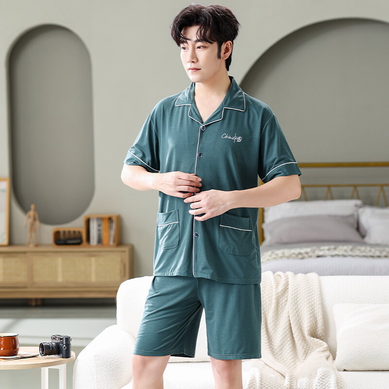 Kardigan piyama Set untuk pria celana pendek musim panas dua potong baju tidur piyama lengan pendek halaman besar M-4XL pakaian tidur Modal pakaian tidur