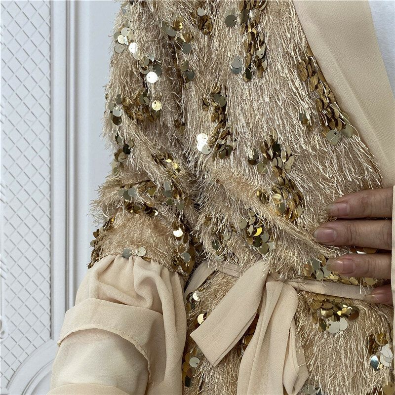 Vestido musulmán de lentejuelas con volantes para mujer, Kimono de Eid Ramadán, Abaya abierta, Dubái, Turquía, Kaftan, Jalabiya Islámica