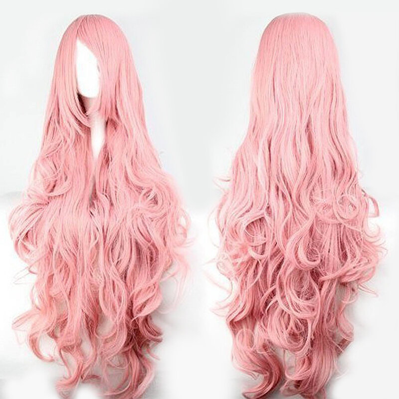 Peruca sintética cor de rosa para cosplay, cabelo longo, ondulado, grande, seda, volume de ar, alta temperatura, macio