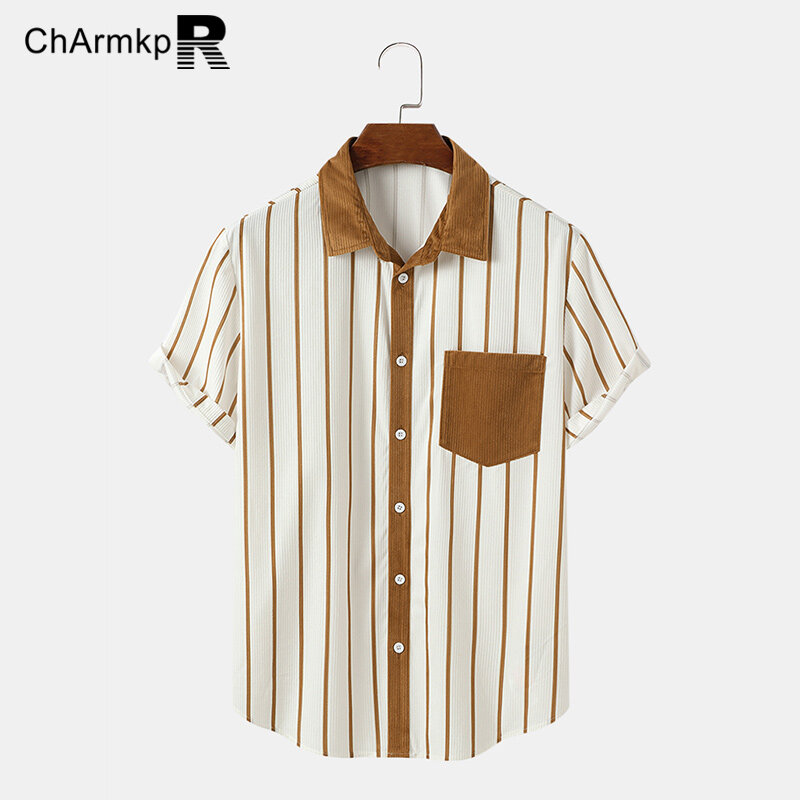 Summer ChArmkpR 2024 Men's Shirts Short Sleeve Tops Striped Shirt Men Clothing Tee Streetwear Patchwork Fashion Camisas