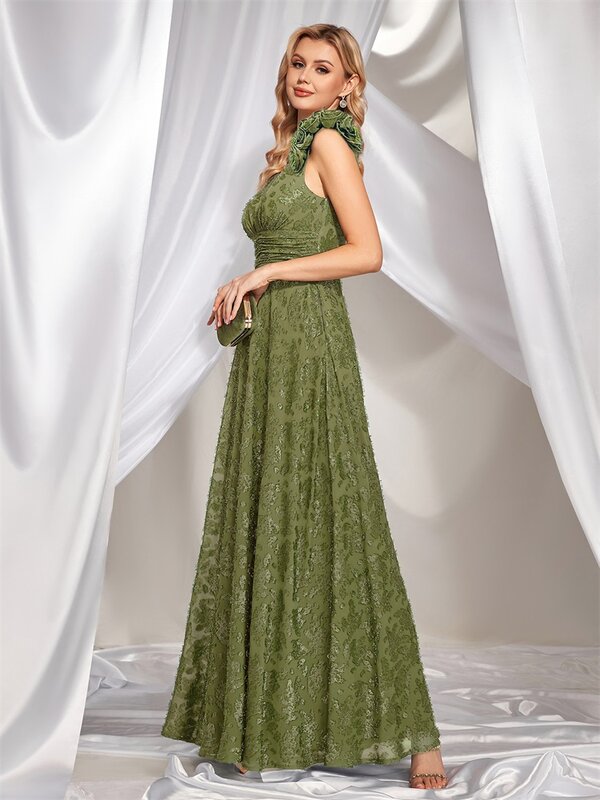 Lucyinlove elegancka zielona w kwiaty suknia wieczorowa z dekoltem w szpic długa 2024 luksusowa damska szyfonowa sukienka bez rękawa na bal