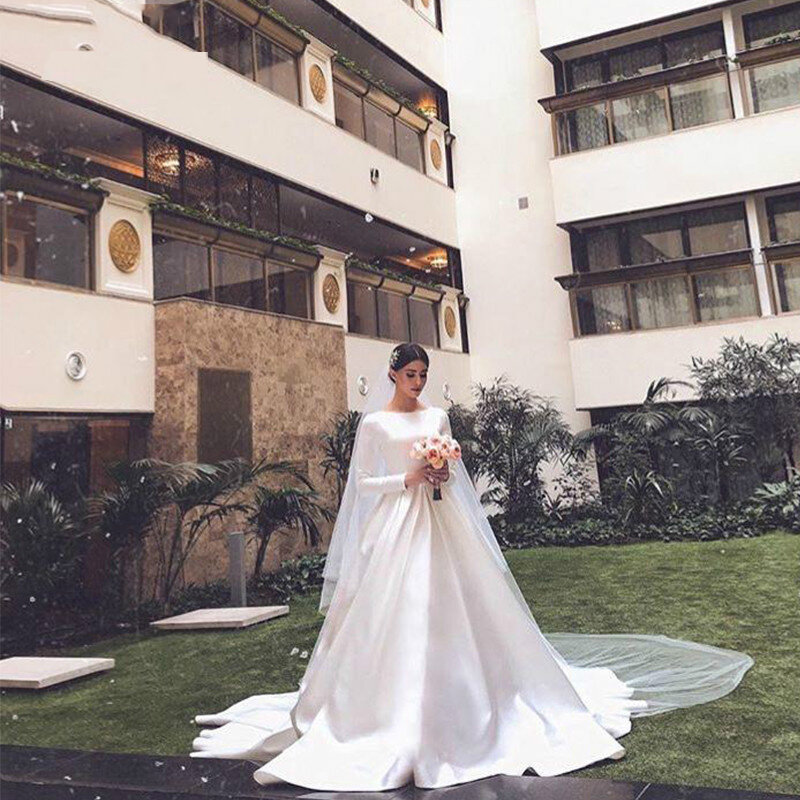 Vestidos De Novia Simple Vintage White Satin Wedding Dress Plus Size Long Sleeves Princesa Bridal Gown Custom Made Robe Mariée