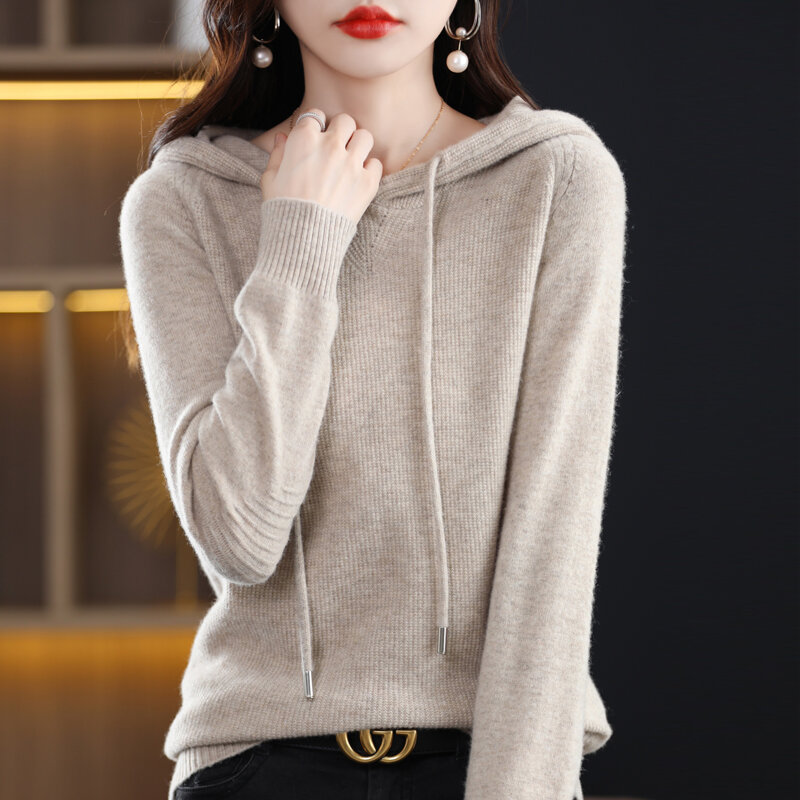 Damski sweter z kapturem z czystej wełny luźny zagraniczny styl najniższy sweter z długimi rękawami jesień zima moda z dzianiny koreańskiej wersji