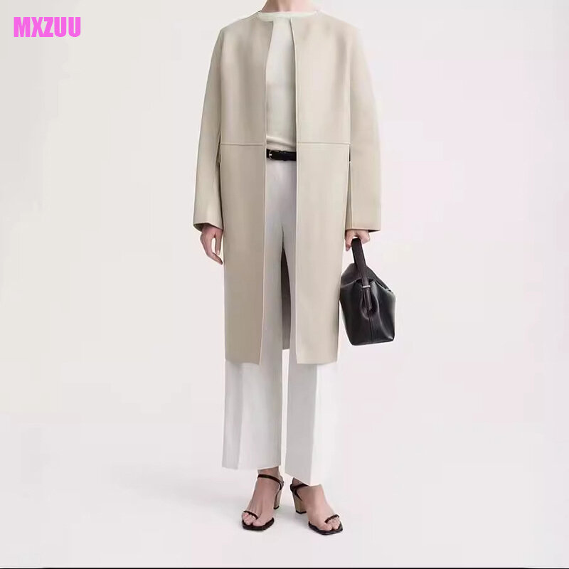 Veste en cuir en peau de mouton pour femme, cardigan droit, manteau long, mode décontractée, printemps, automne, 2024