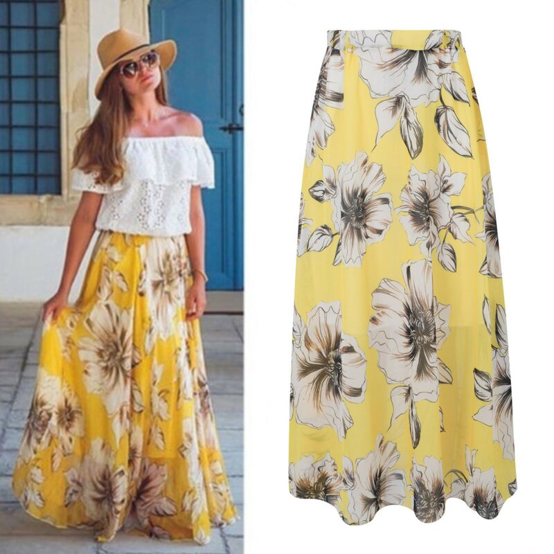 1pc Popular Chiffon Boho Womens Floral Jersey Gypsy Long Maxi Full Skirt Beach Sun Dress High Quality Beautiful Ladies Dress