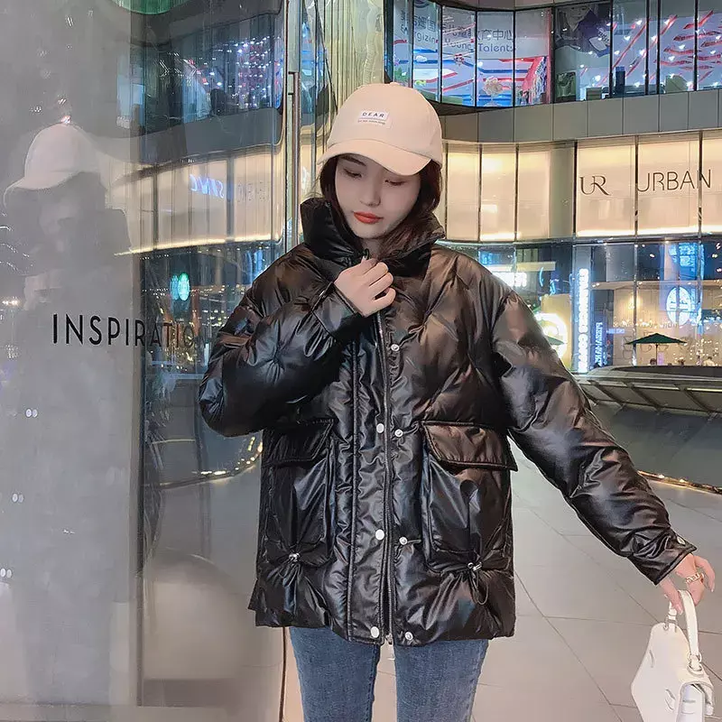 女性のカジュアルなルーズフィットジャケット,無地,スタンドカラー,光沢のある,厚い,韓国のファッション,冬,2024