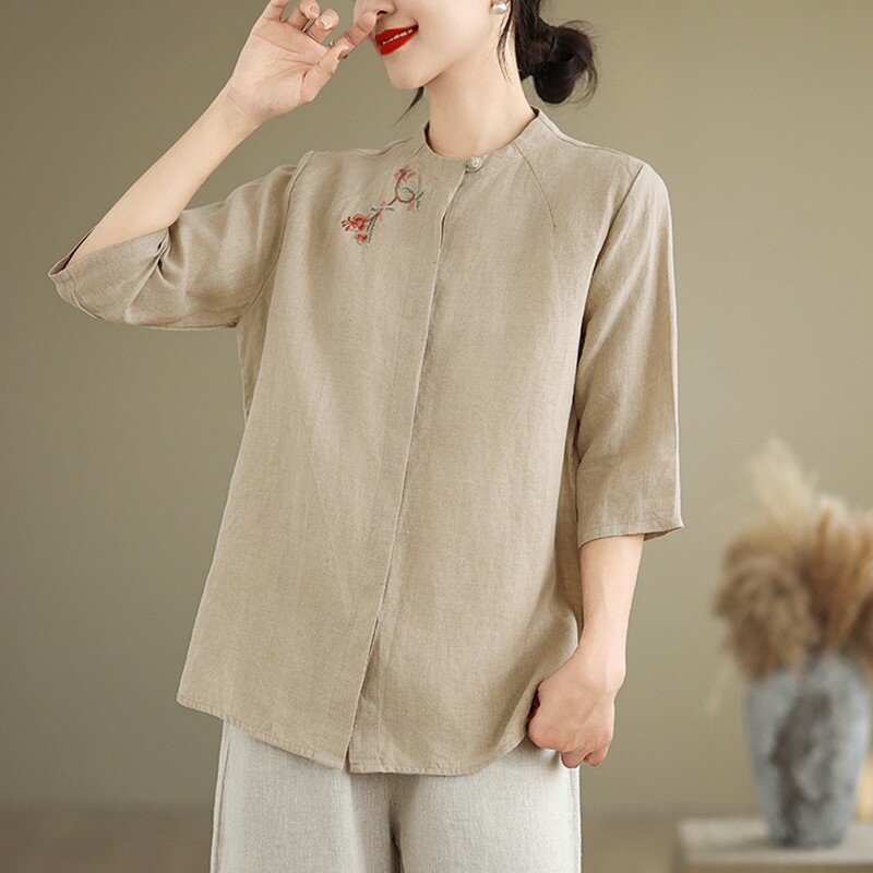 Chinese Style Women Casual Shirt New Arrival 2024 Summer Vintage Half High Collar Floral Embroidery Female Tops Shirts W1829