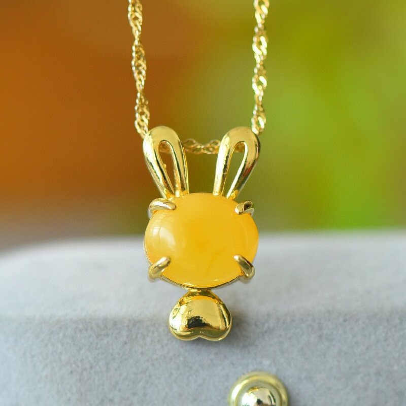 Natural Amber Bunny Necklace Women Women Fine Jewelry Accessories Genuine Healing Gemstones Baltic Amber Rabbit Pendant Necklace