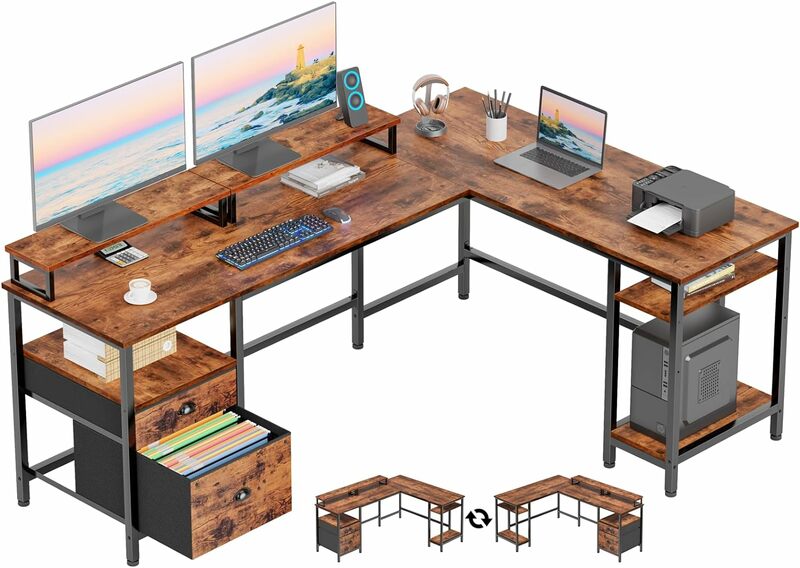 โต๊ะคอมพิวเตอร์รูปตัว L 66 "พร้อมชั้นวางโต๊ะเล่นเกมแบบกลับด้านได้พร้อมลิ้นชักเก็บแฟ้มและขาตั้งจอคู่