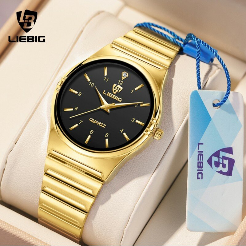 Liebig นาฬิกาข้อมือควอทซ์แบบใหม่จากญี่ปุ่นนาฬิกาข้อมือผู้ชายสีทองหรูหรานาฬิกาเหล็กทั้งเรือนสำหรับผู้ชาย3Bar ลำลองกันน้ำ