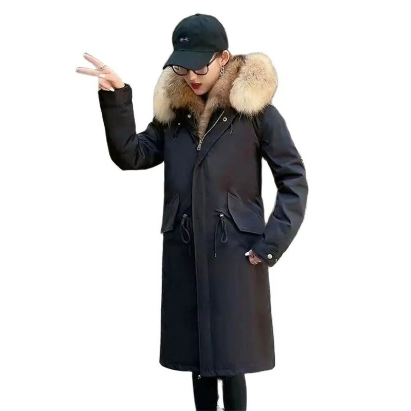 큰 가짜 모피 너구리 모피, 러시아 재킷, 따뜻한 의류 상의, 따뜻한 겉옷, 겨울 두꺼운 면 후드 코트, 숙녀용 2024