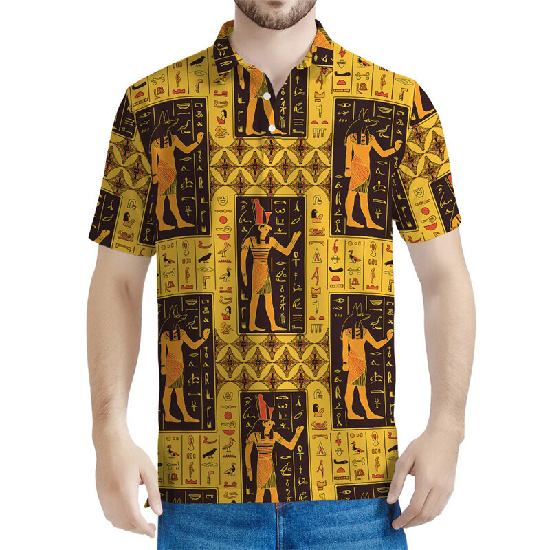 Polo à manches courtes imprimé en 3D pour hommes, t-shirt à revers, motif prairie et Égypte, totem de dieux éma ens, t-shirts boutonnés, streetwear décontracté