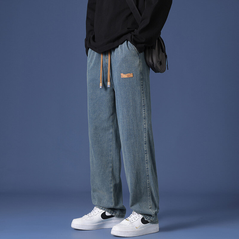 Jeans folgados na moda coreana masculina, elástico na cintura, clássico, reto, perna larga, calça jeans, jeans casual masculino, streetwear, 2022