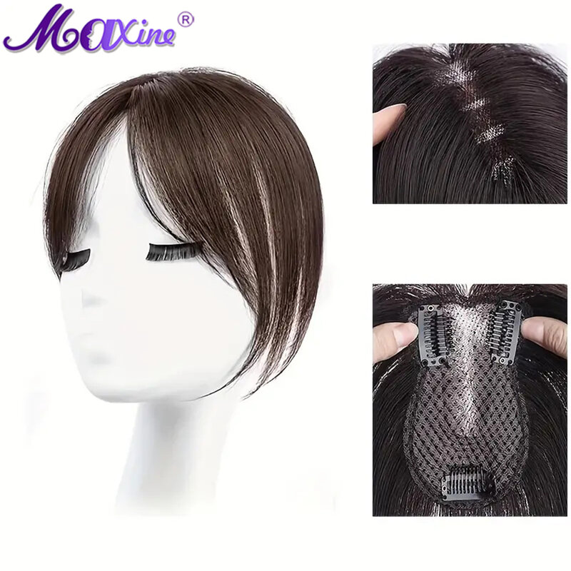 Maxine-Topper com Bangs, cabelo humano, extensões de cabelo com grampo, aparência natural, uso diário, acessórios para cabelo