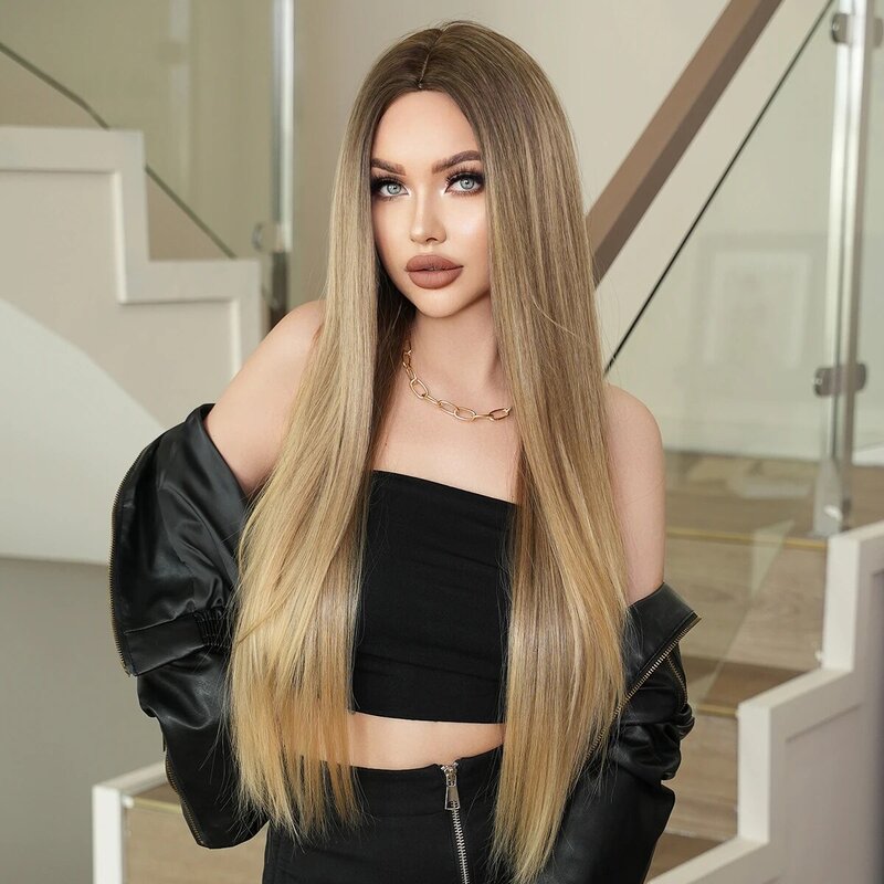 7JHH WIGS Routine Wigs Long Straight Ombre Brown Wigs Middle Part High Density Heat-Friendly Synthetic Hair Wig for Women