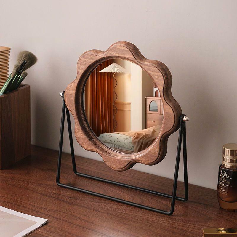 Vintage Wooden Makeup Mirror Simple Desktop Rotatable High-Definition Vanity Mirror Lady Make Up Tool Gift