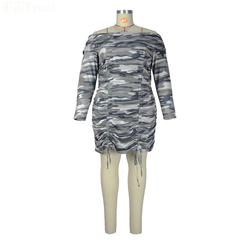 One Word Collar Camouflage Printing Grey Bag Hip Sexy Shirring Slim Lacing Mini Dress Spring Autumn Plus Size Women's Clothing
