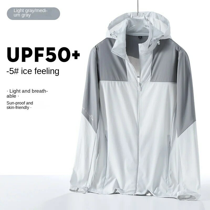 Ice Silk Hooded Sunscreen Jacket, color blocking, blusão, vestuário exterior, casual minimalista, casal, novo, verão, 2022