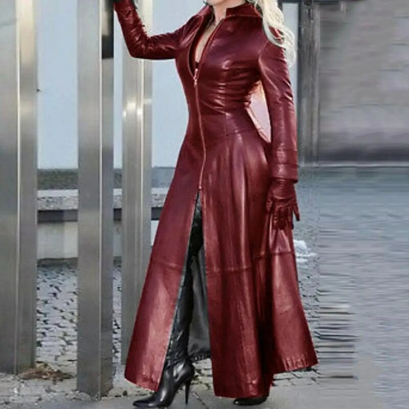 Jaket kulit imitasi wanita, mantel Trench kulit imitasi kerah berdiri untuk musim gugur untuk wanita
