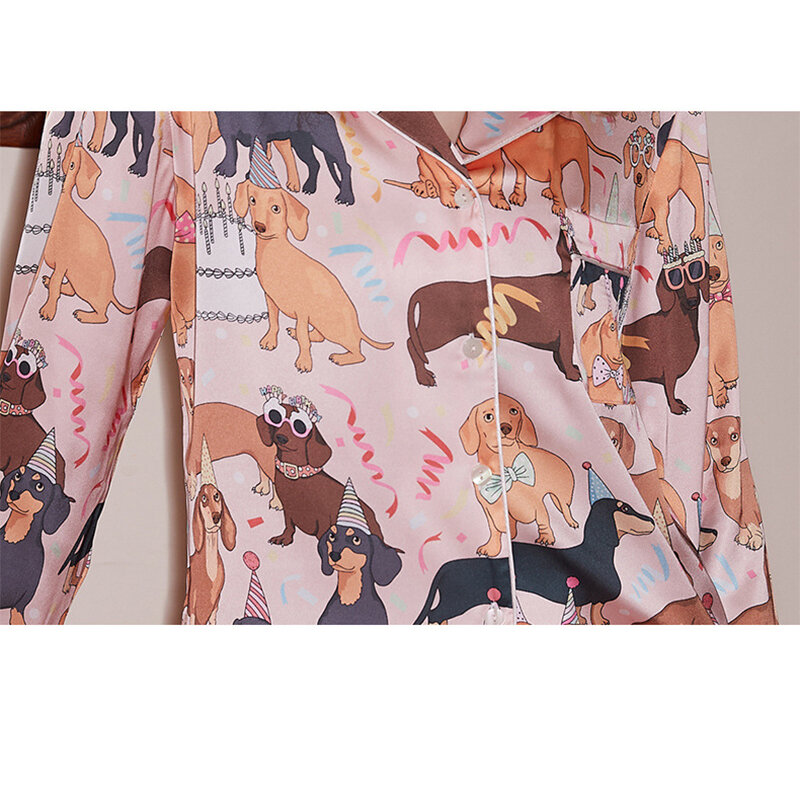 Conjunto de pijama con estampado de Dachshund para mujer, ropa de dormir de seda de dos piezas, pantalones largos de manga larga, primavera y otoño, 2024, 45906