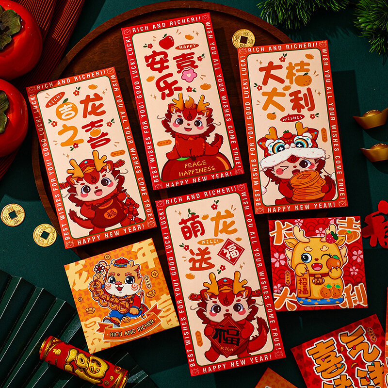 Enveloppe Rouge Porte-Bonheur du Nouvel An Chinois, Symdains des Années du Dragon, Enveloppes de Poche pour Argent 2024, Fournitures de ix, 6 Pièces