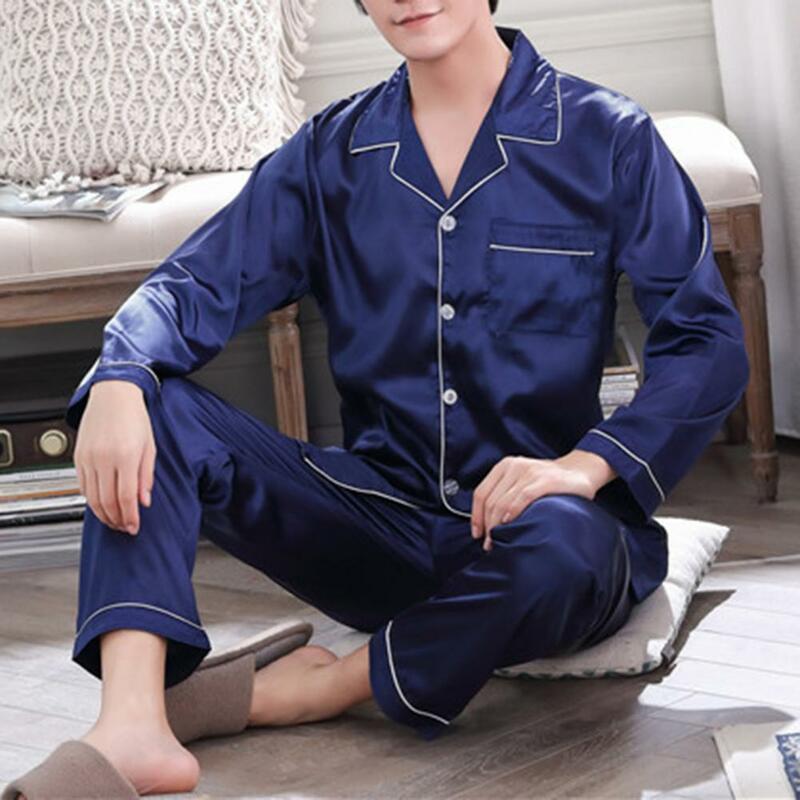 Conjunto de pijama cetim masculino, camisa manga longa, calça larga, roupa caseira macia, pijamas elegantes para outono e primavera