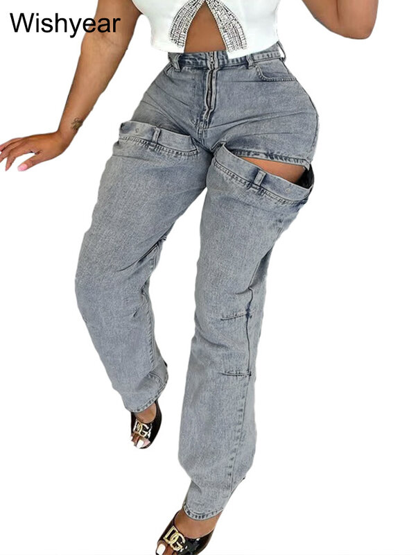 Mulheres Chic Big Hollow Out Design Clube noturno azul Jeans, calças cargo, cintura alta, reta, calças jeans elásticas, calças jeans de rua